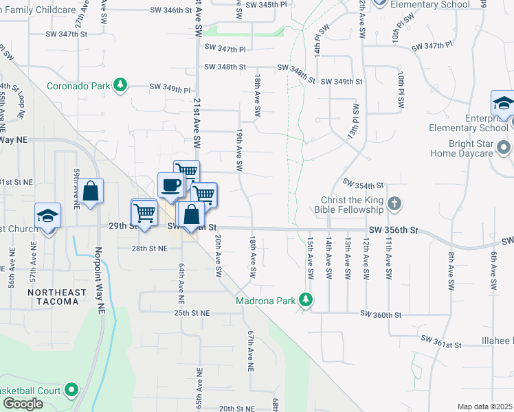 map of restaurants, bars, coffee shops, grocery stores, and more near 1801 Southwest 355th Place in Federal Way