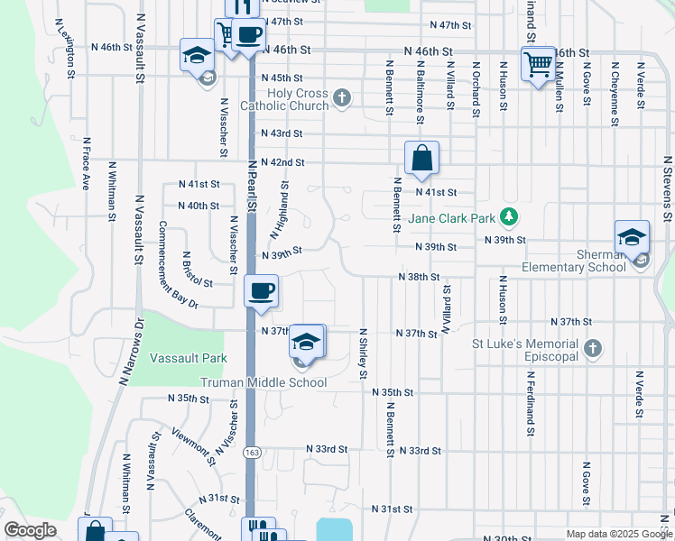 map of restaurants, bars, coffee shops, grocery stores, and more near 3818 North Winnifred Street in Tacoma