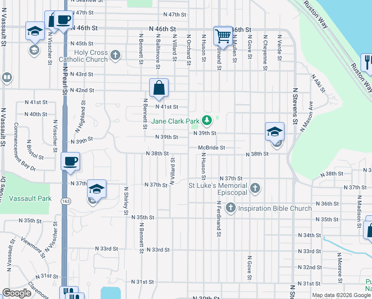 map of restaurants, bars, coffee shops, grocery stores, and more near 3727 North Orchard Street in Tacoma
