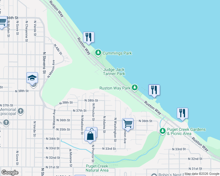 map of restaurants, bars, coffee shops, grocery stores, and more near 3901 North Adams Street in Tacoma