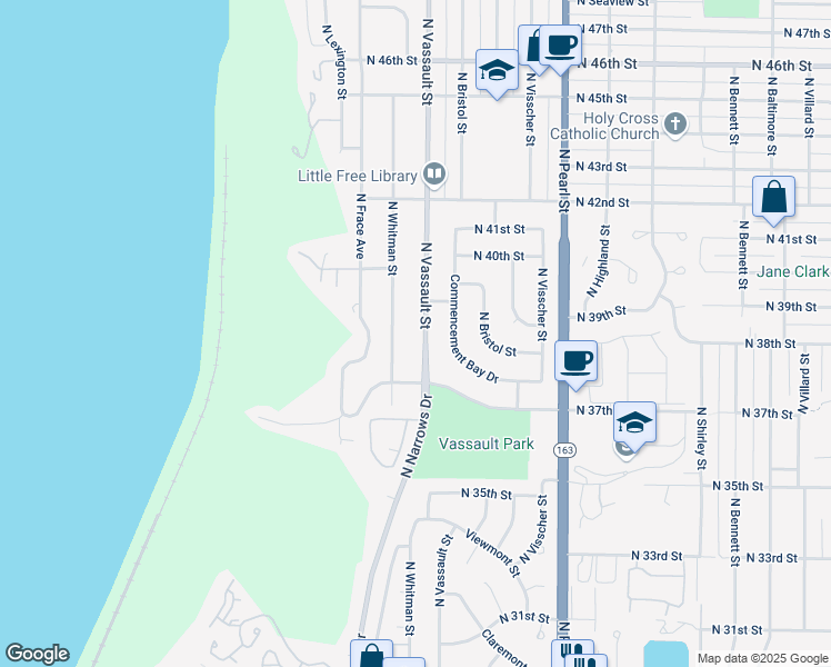 map of restaurants, bars, coffee shops, grocery stores, and more near 3712 North Vassault Street in Tacoma