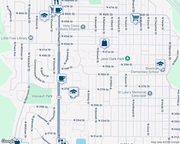 map of restaurants, bars, coffee shops, grocery stores, and more near 3833 North Winnifred Street in Tacoma