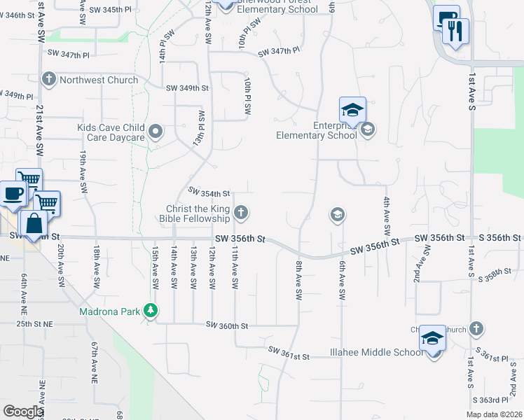 map of restaurants, bars, coffee shops, grocery stores, and more near 926 Southwest 356th Street in Federal Way