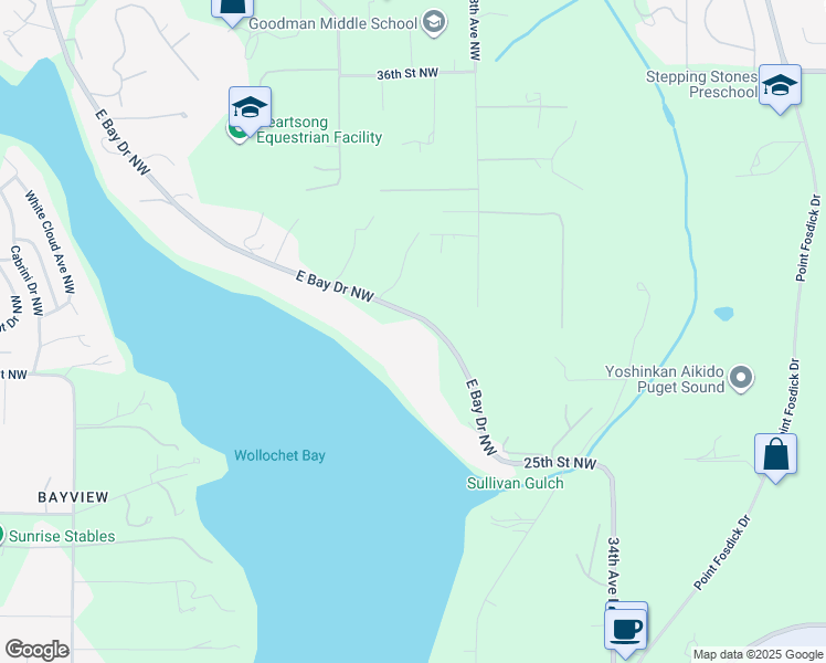 map of restaurants, bars, coffee shops, grocery stores, and more near 2812 East Bay Drive Northwest in Gig Harbor