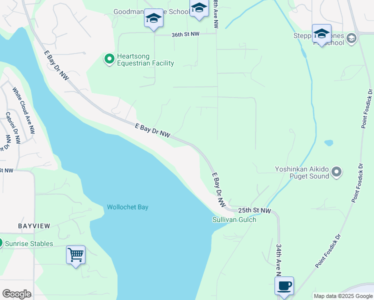 map of restaurants, bars, coffee shops, grocery stores, and more near 2812 East Bay Drive Northwest in Gig Harbor