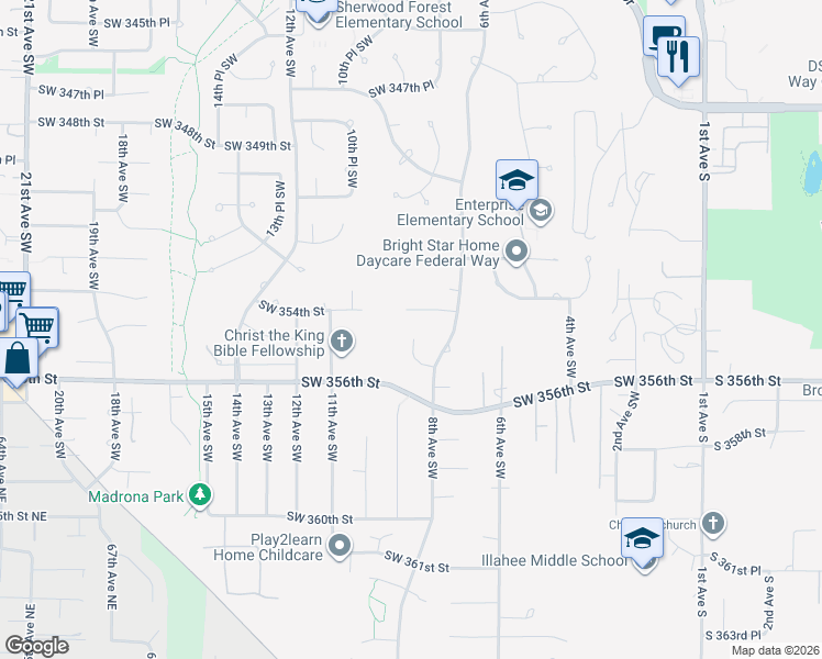 map of restaurants, bars, coffee shops, grocery stores, and more near 841 Southwest 354th Street in Federal Way