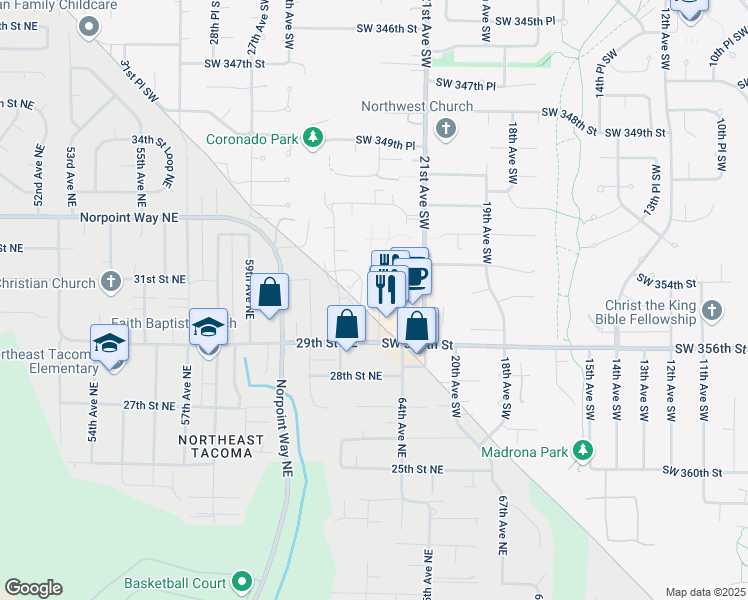 map of restaurants, bars, coffee shops, grocery stores, and more near 35416 25th Avenue Southwest in Tacoma