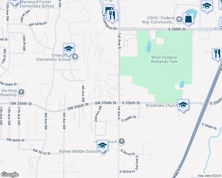 map of restaurants, bars, coffee shops, grocery stores, and more near 35419 1st Avenue South in Federal Way