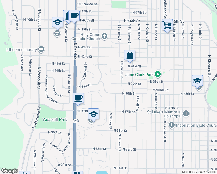 map of restaurants, bars, coffee shops, grocery stores, and more near 3833 North Winnifred Street in Tacoma