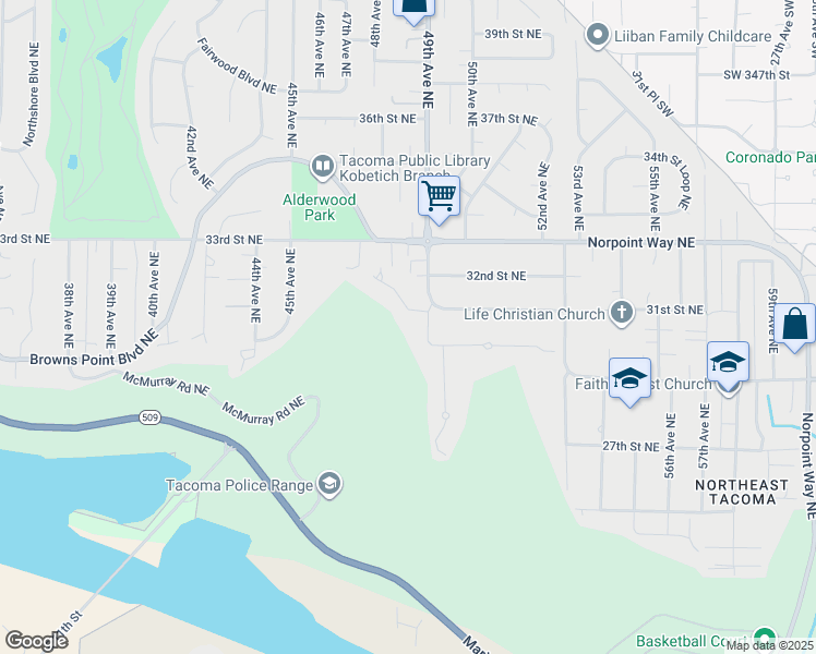 map of restaurants, bars, coffee shops, grocery stores, and more near 3118 Meeker Avenue Northeast in Tacoma