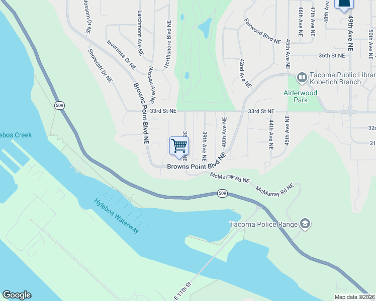 map of restaurants, bars, coffee shops, grocery stores, and more near 2921 38th Avenue Northeast in Tacoma