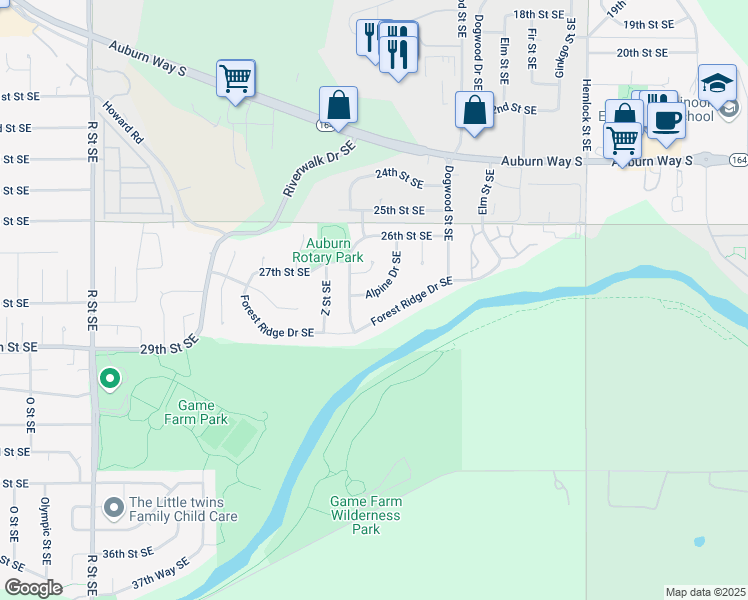 map of restaurants, bars, coffee shops, grocery stores, and more near 2714 Alpine Drive Southeast in Auburn