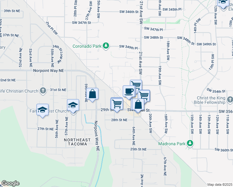 map of restaurants, bars, coffee shops, grocery stores, and more near 35434 25th Avenue Southwest in Federal Way