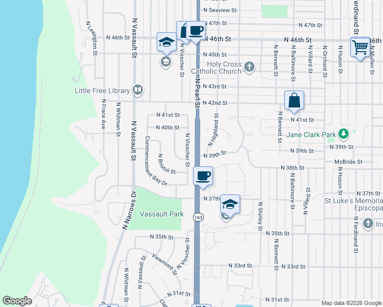 map of restaurants, bars, coffee shops, grocery stores, and more near 3910 North Visscher Street in Tacoma