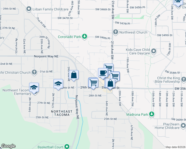 map of restaurants, bars, coffee shops, grocery stores, and more near 35416 25th Avenue Southwest in Tacoma