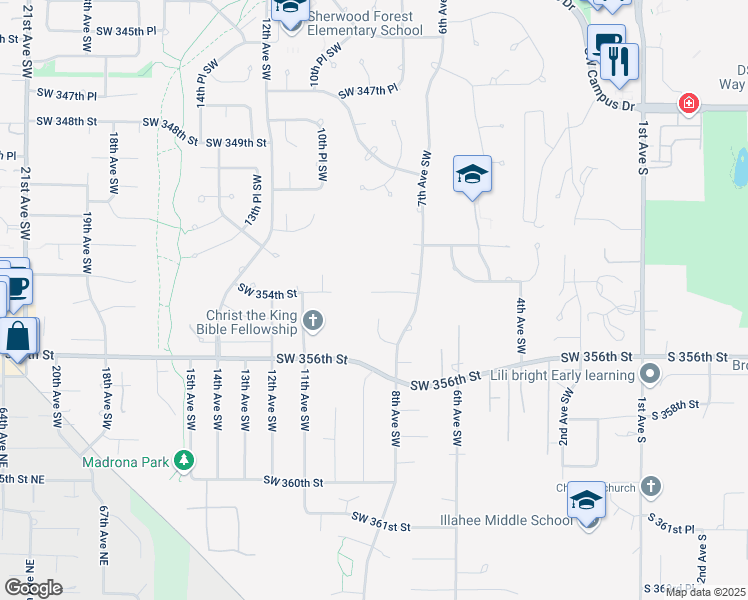 map of restaurants, bars, coffee shops, grocery stores, and more near 841 Southwest 354th Street in Federal Way