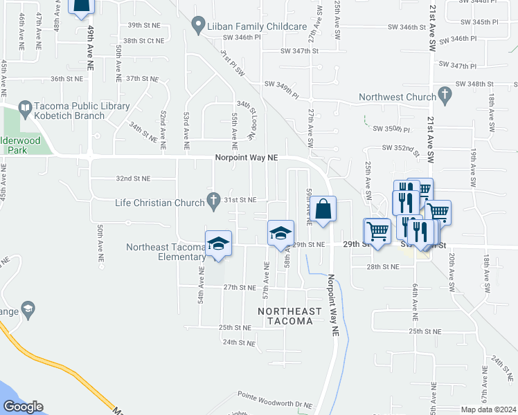 map of restaurants, bars, coffee shops, grocery stores, and more near 2940 57th Avenue Northeast in Tacoma