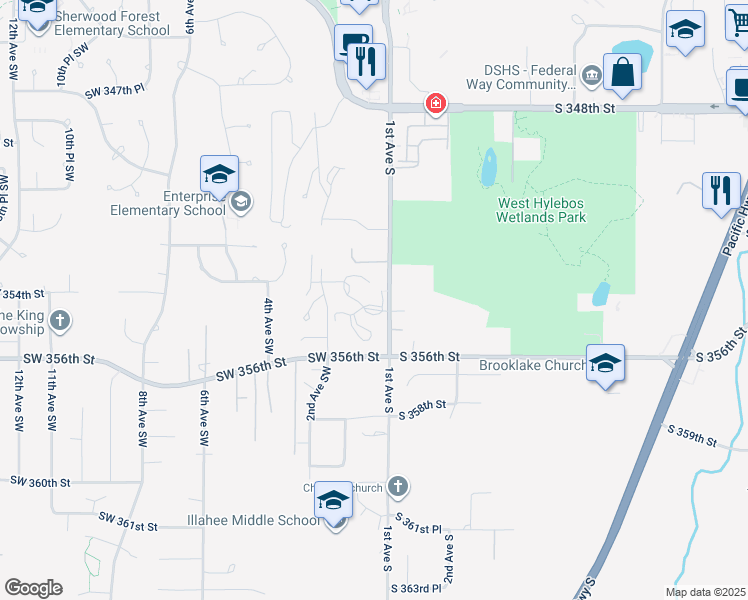 map of restaurants, bars, coffee shops, grocery stores, and more near 35419 1st Avenue South in Federal Way