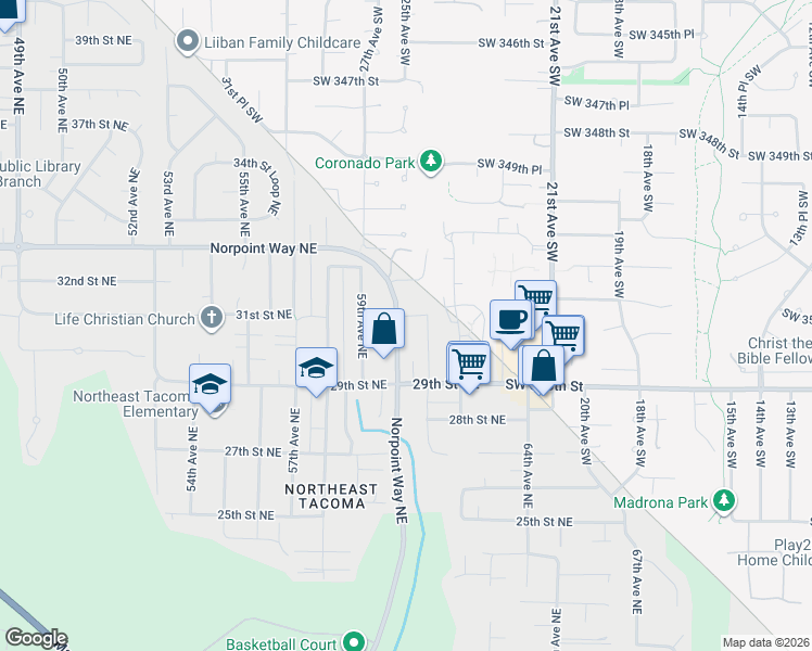map of restaurants, bars, coffee shops, grocery stores, and more near 247 Norpoint Way Northeast in Tacoma