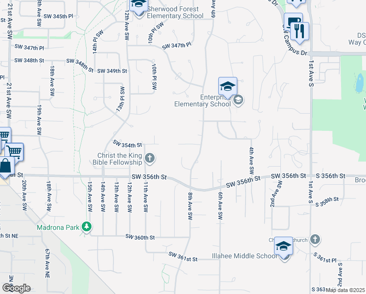 map of restaurants, bars, coffee shops, grocery stores, and more near 841 Southwest 354th Street in Federal Way