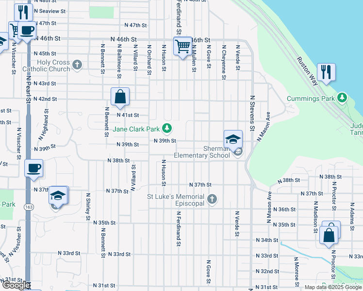 map of restaurants, bars, coffee shops, grocery stores, and more near 4814 North 39th Street in Tacoma