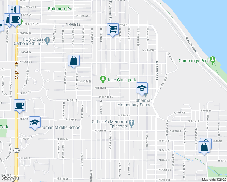 map of restaurants, bars, coffee shops, grocery stores, and more near 4814 North 39th Street in Tacoma