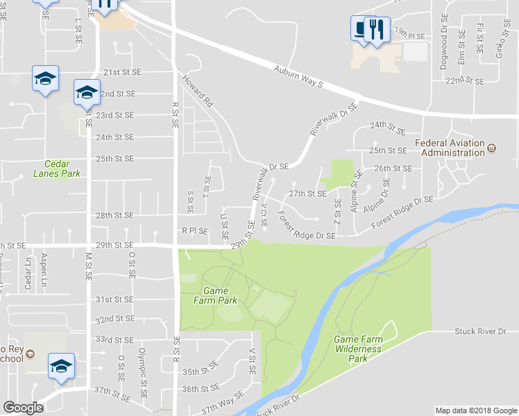 map of restaurants, bars, coffee shops, grocery stores, and more near 2807 V Court Southeast in Auburn