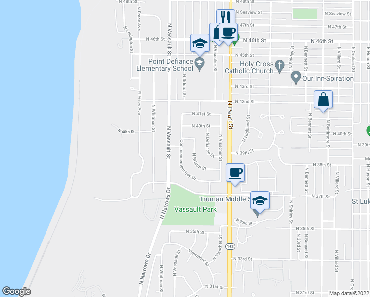 map of restaurants, bars, coffee shops, grocery stores, and more near 3857 North Commencement Bay Drive in Tacoma