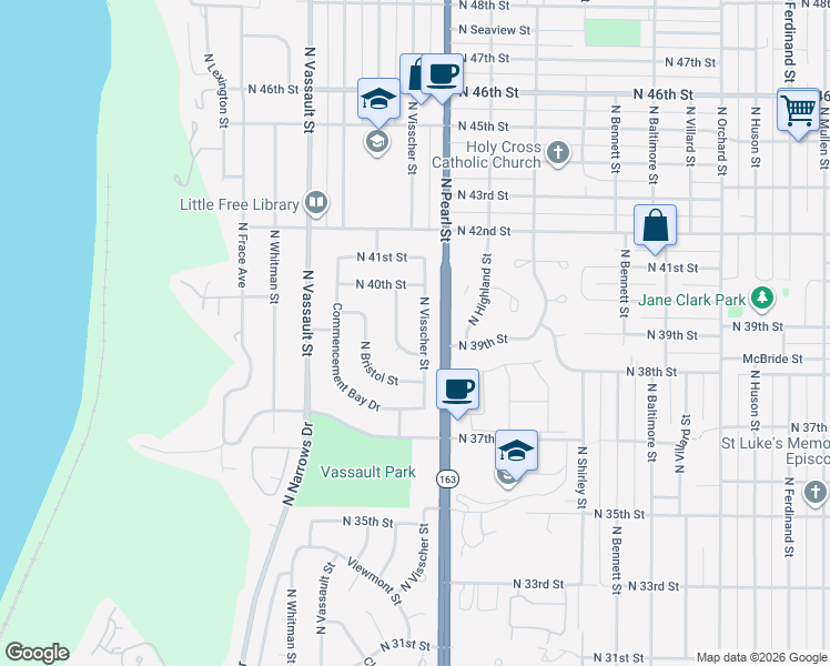 map of restaurants, bars, coffee shops, grocery stores, and more near 3910 North Visscher Street in Tacoma