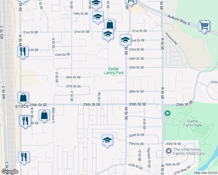 map of restaurants, bars, coffee shops, grocery stores, and more near 1009 28th Street Southeast in Auburn