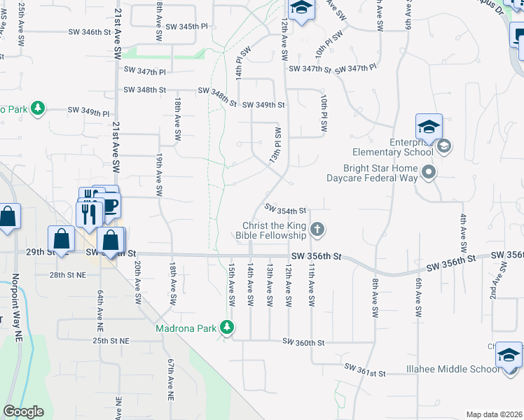 map of restaurants, bars, coffee shops, grocery stores, and more near 1231 Southwest 354th Street in Federal Way