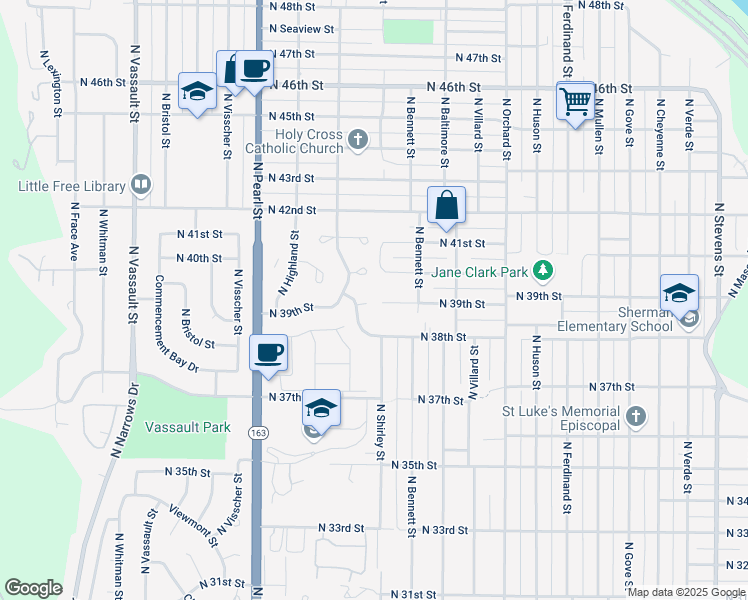 map of restaurants, bars, coffee shops, grocery stores, and more near 3833 North Winnifred Street in Tacoma