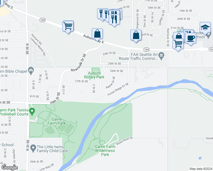 map of restaurants, bars, coffee shops, grocery stores, and more near 2714 Alpine Drive Southeast in Auburn