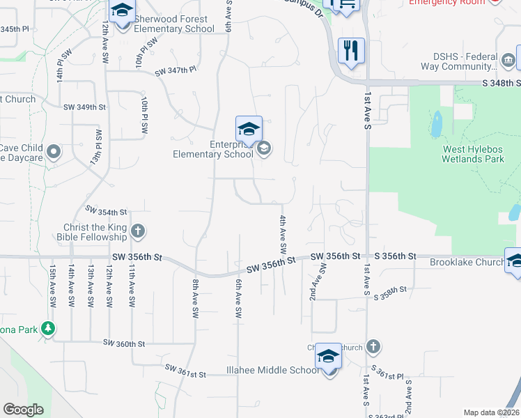 map of restaurants, bars, coffee shops, grocery stores, and more near 507 Southwest 353rd Street in Federal Way