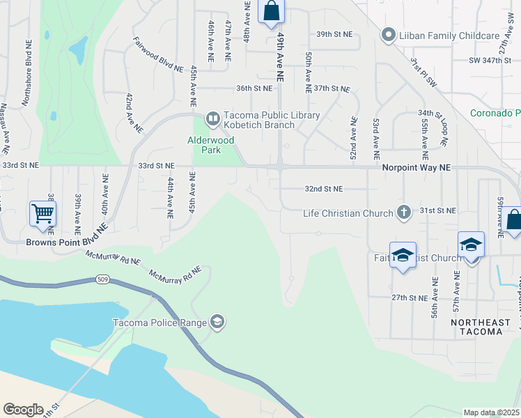 map of restaurants, bars, coffee shops, grocery stores, and more near 3118 Meeker Avenue Northeast in Tacoma