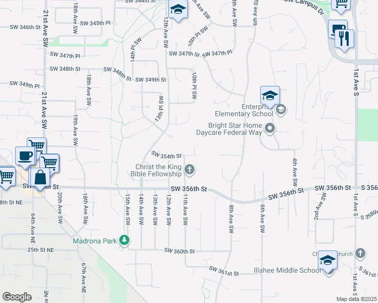 map of restaurants, bars, coffee shops, grocery stores, and more near 1024 Southwest 354th Street in Federal Way
