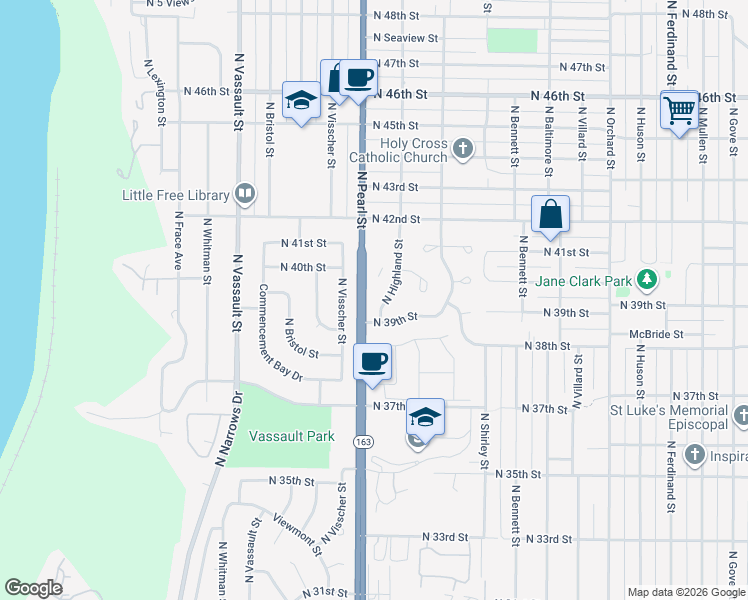 map of restaurants, bars, coffee shops, grocery stores, and more near 3904 North Highland Street in Tacoma