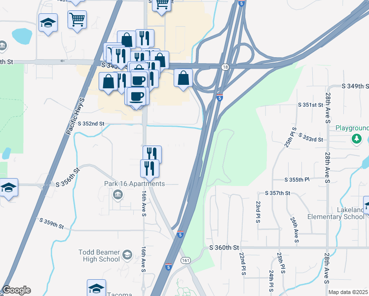 map of restaurants, bars, coffee shops, grocery stores, and more near 25 in Federal Way