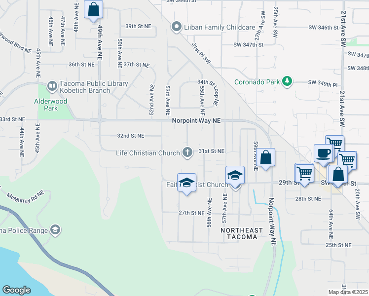map of restaurants, bars, coffee shops, grocery stores, and more near 3101 54th Avenue Northeast in Tacoma