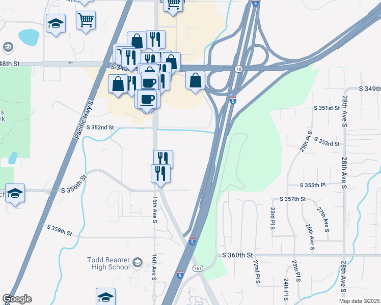 map of restaurants, bars, coffee shops, grocery stores, and more near 25 in Federal Way