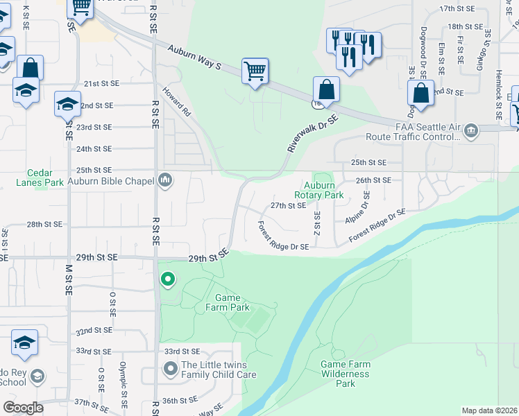 map of restaurants, bars, coffee shops, grocery stores, and more near 2102 Forest Ridge Drive Southeast in Auburn