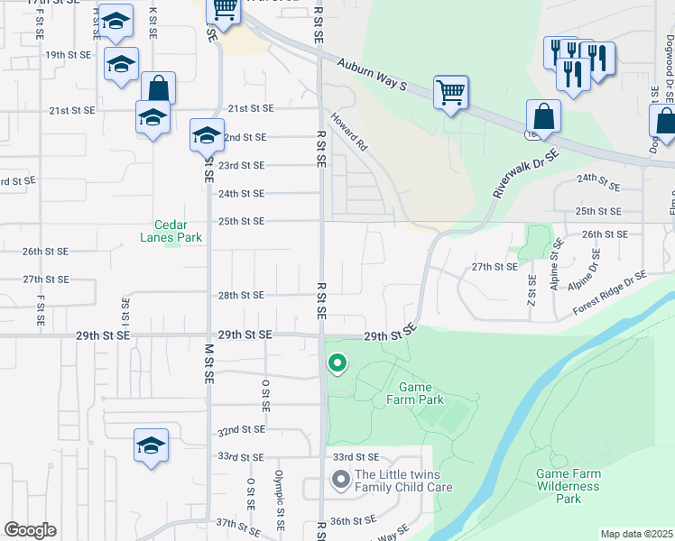 map of restaurants, bars, coffee shops, grocery stores, and more near 2710 R Street Southeast in Auburn