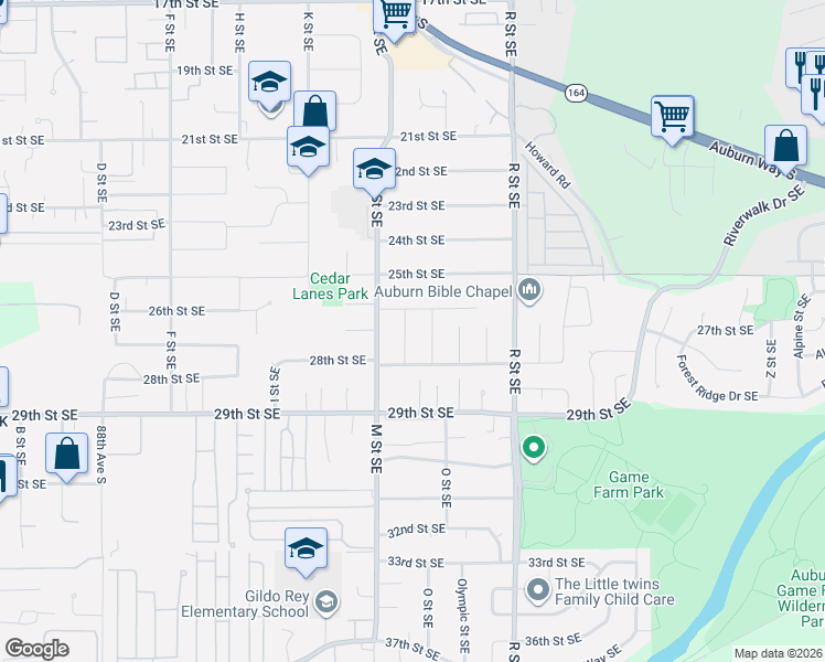 map of restaurants, bars, coffee shops, grocery stores, and more near 2711 N Street Southeast in Auburn