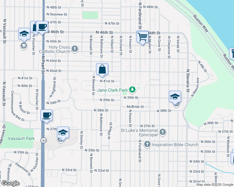 map of restaurants, bars, coffee shops, grocery stores, and more near 5018 North 39th Street in Tacoma