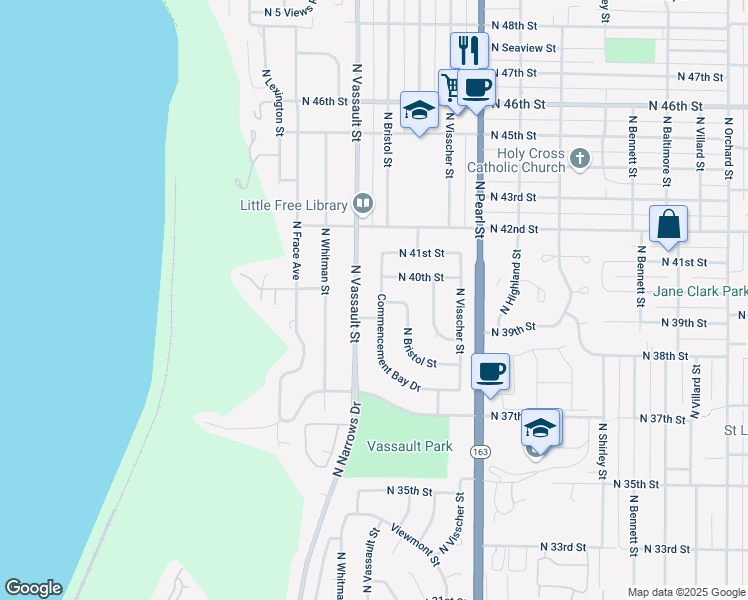 map of restaurants, bars, coffee shops, grocery stores, and more near 3857 Commencement Bay Drive in Tacoma