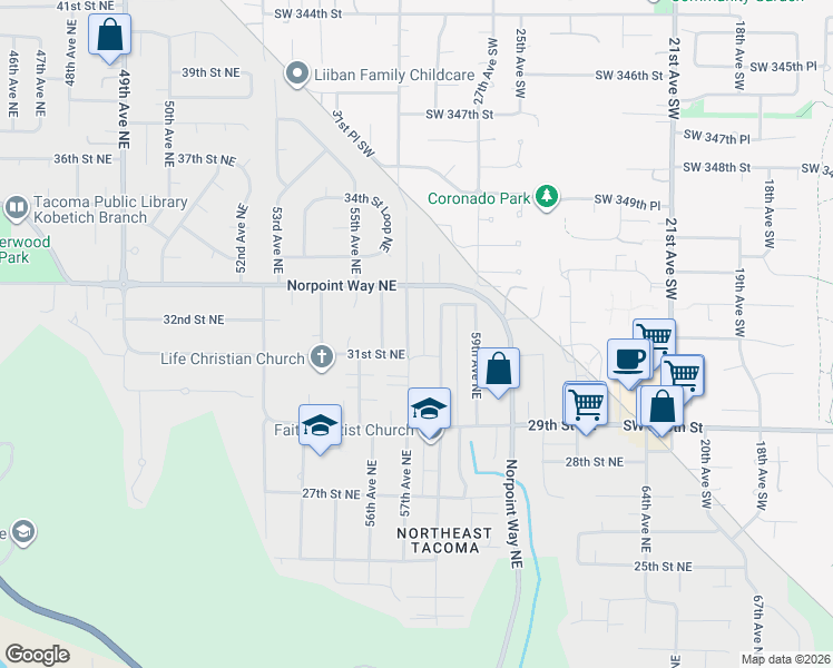 map of restaurants, bars, coffee shops, grocery stores, and more near 2940 57th Avenue Northeast in Tacoma