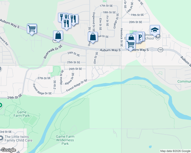map of restaurants, bars, coffee shops, grocery stores, and more near 2865 Forest Ridge Drive Southeast in Auburn