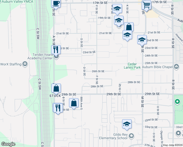 map of restaurants, bars, coffee shops, grocery stores, and more near 504 26th Street Southeast in Auburn