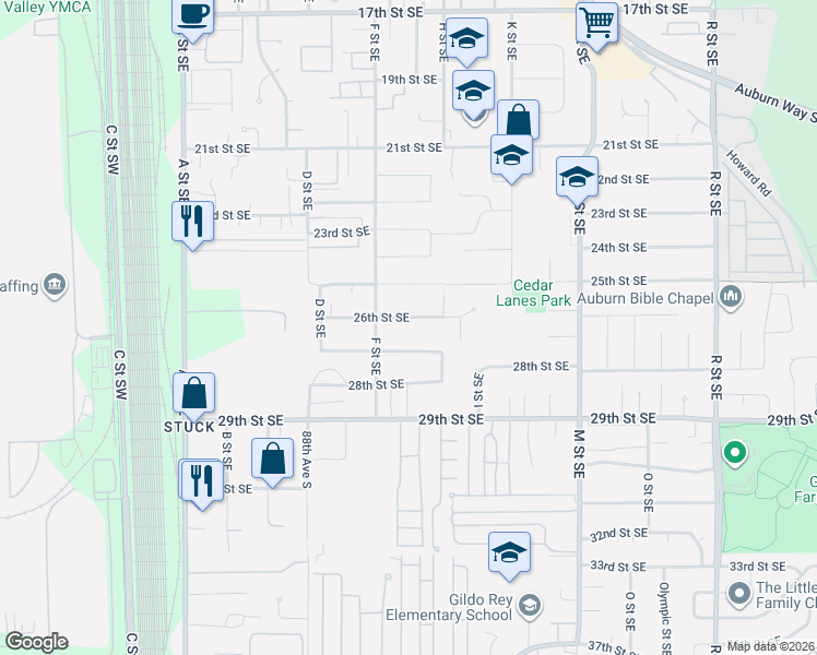 map of restaurants, bars, coffee shops, grocery stores, and more near 702 25th Street Southeast in Auburn