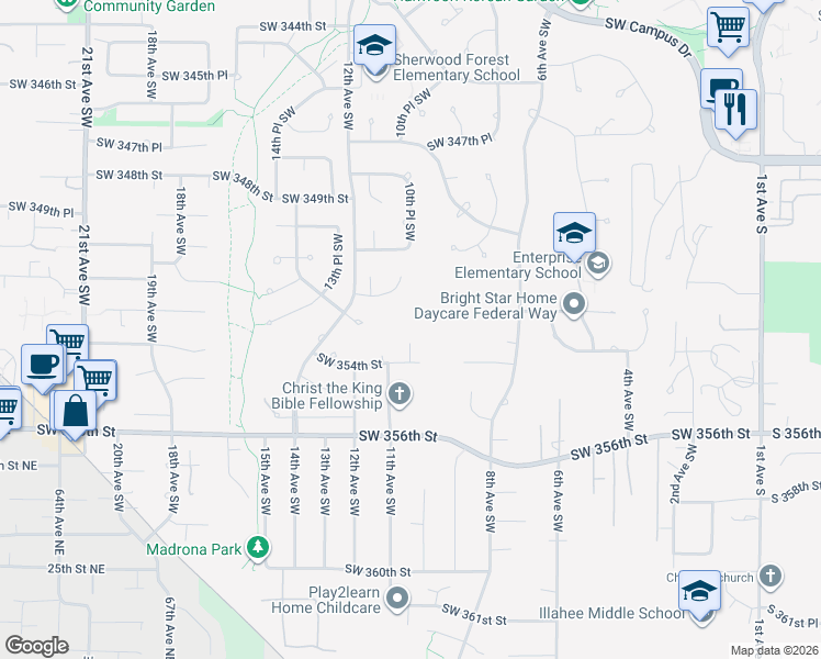 map of restaurants, bars, coffee shops, grocery stores, and more near 1129 Southwest 352nd Street in Federal Way